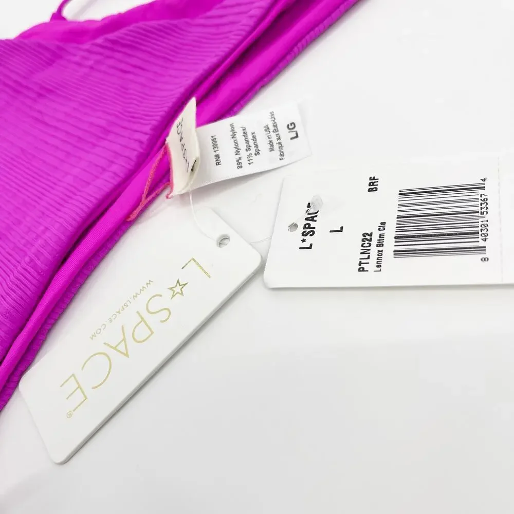L Space Lennox Ribbed String Bikini Bottoms Bright Fuchsia Size Large NWT